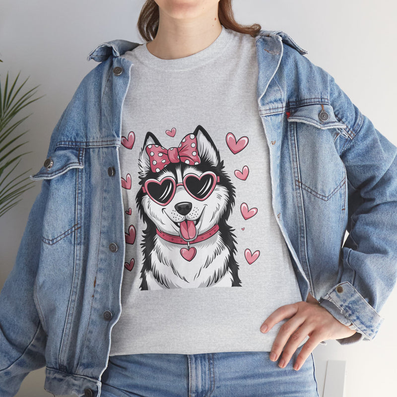 Siberian Husky with Pink Hearts Valentine's Day Unisex Heavy Cotton Tee