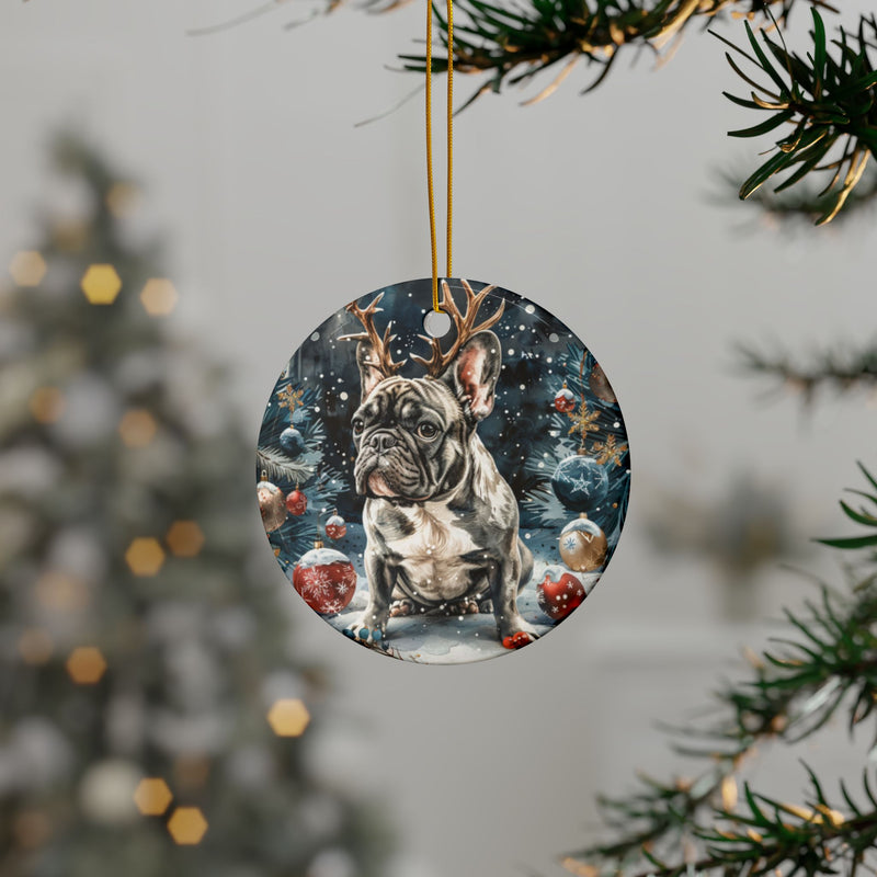 French Bulldog Christmas Ornament – 3D Watercolor Holiday Design with Reindeer Antlers