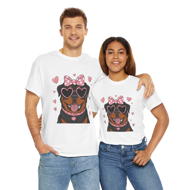 Rottweiler with Pink Hearts Valentine's Day Unisex Heavy Cotton Tee