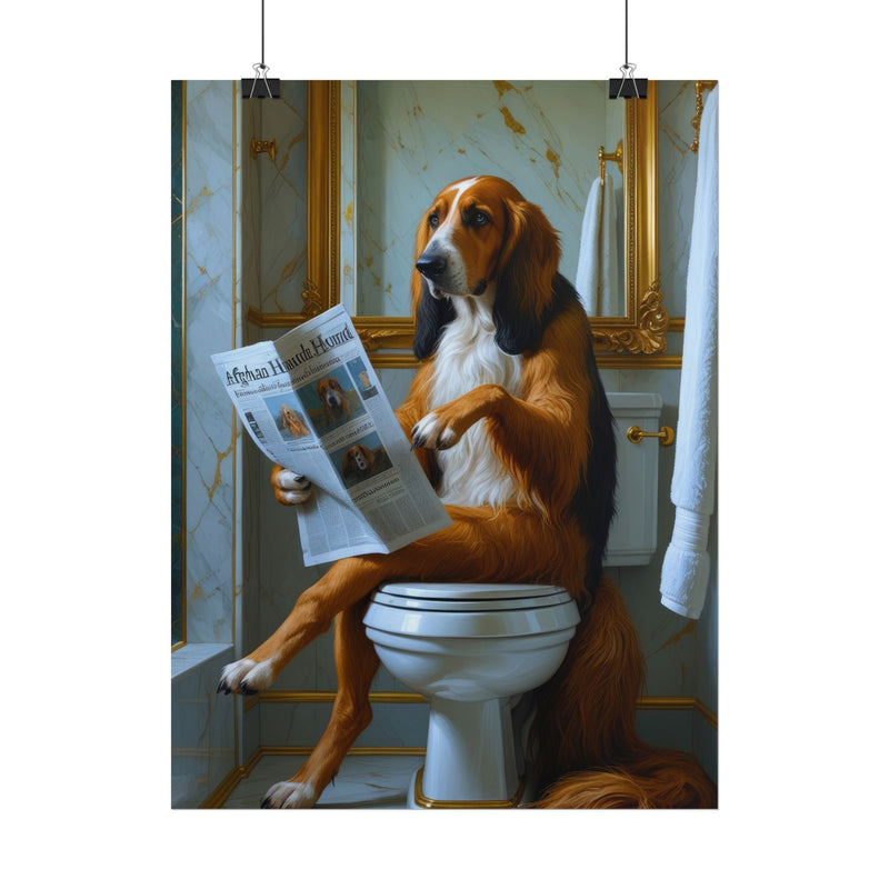 Funny Afghan Hound Bathroom Poster – Dog Sitting on Toilet Reading Newspaper | Humorous Dog Wall Art for Bathroom Decor