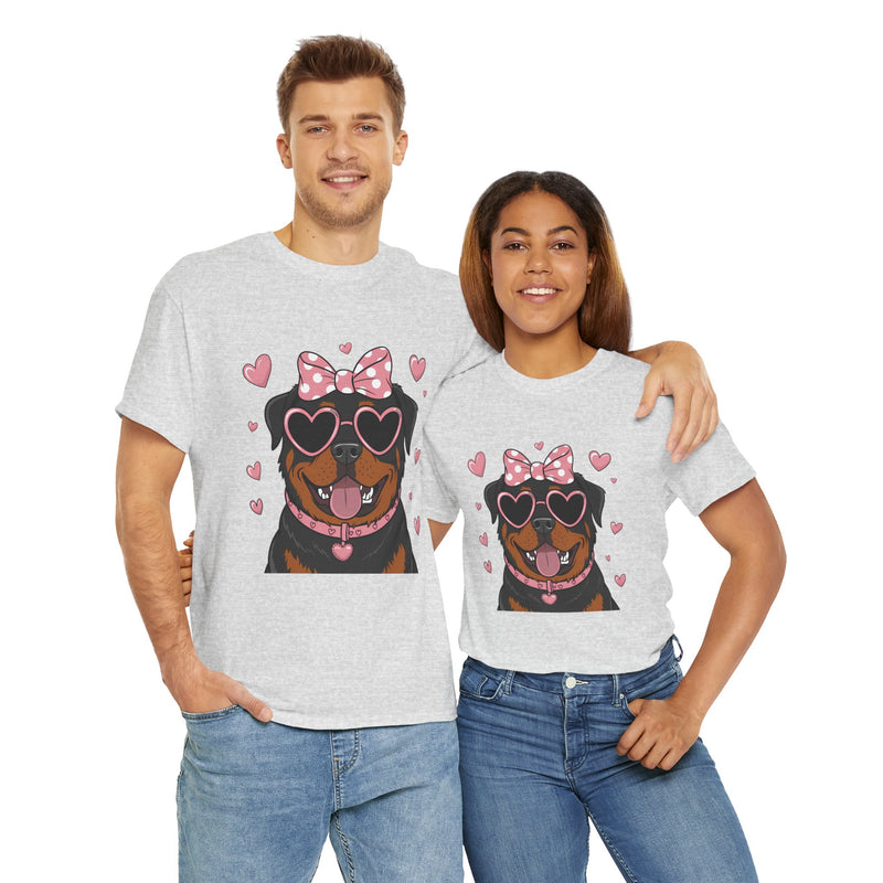 Rottweiler with Pink Hearts Valentine's Day Unisex Heavy Cotton Tee