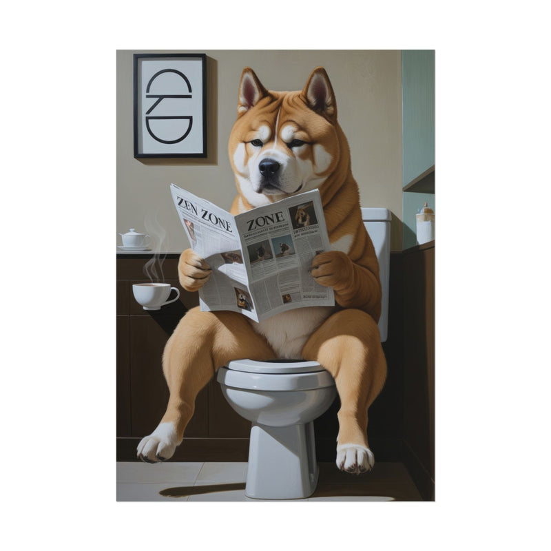 Funny Akita Bathroom Poster – Dog Sitting on Toilet Reading Newspaper | Humorous Dog Wall Art for Bathroom Decor