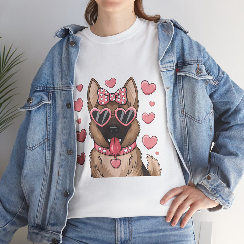 German Shepherd with Pink Hearts Valentine's Day Unisex Heavy Cotton Tee