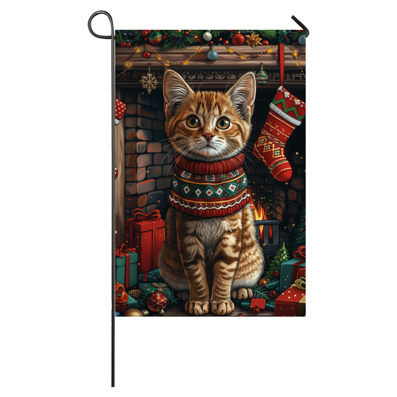 Abyssinian Cat Christmas Garden Flag & House Flag | Kawaii Holiday Art | Cute Abyssinian in Cozy Sweater by Fireplace