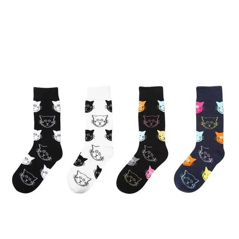 4 Pairs of Fun and Whimsical Cat Design Cotton Socks for Women and Men - Cute and Cozy Novelty Animal Socks