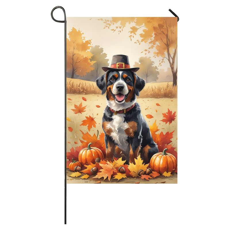 Bouviers Des Flandres Thanksgiving Garden Flag A Fall Dog House Flag with Leaves, Pumpkins & Pilgrim Hat