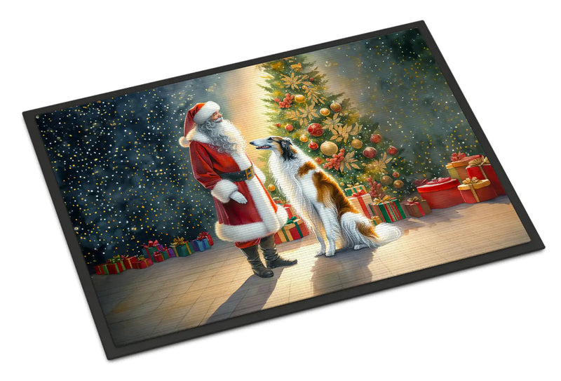 Christmas Doormat with Borzoi Dog, Santa Claus, Christmas Tree & Gift Boxes – Holiday Door Mat for Indoor or Outdoor Use