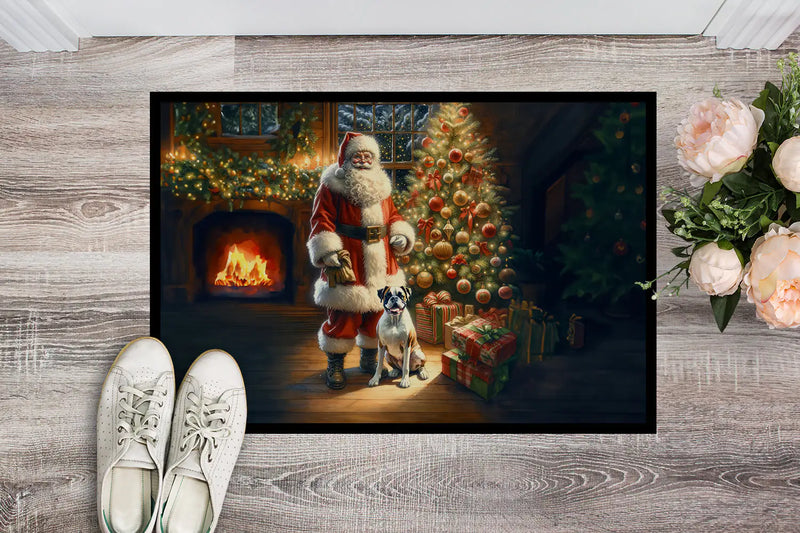 Christmas Doormat with Boxer Dog, Santa Claus, Christmas Tree & Fireplace – Holiday Door Mat for Indoor or Outdoor Use