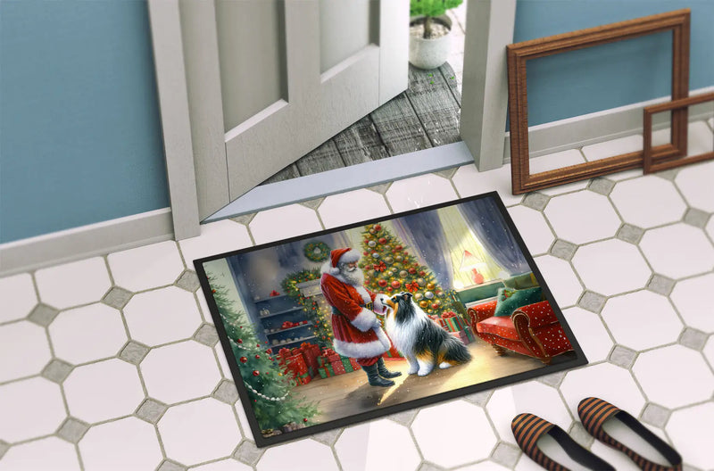 Christmas Doormat with Collie Dog, Santa Claus & Christmas Tree Inside House – Holiday Door Mat for Indoor or Outdoor Use