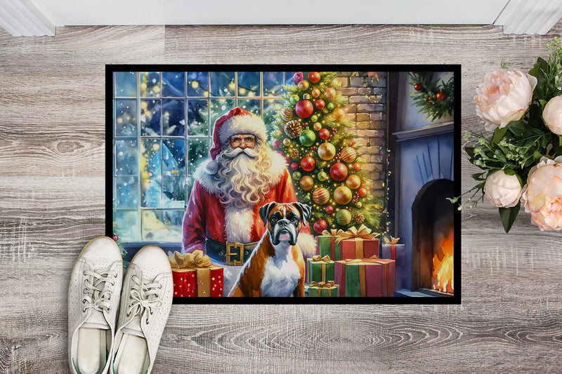 Christmas Doormat with Boxer Dog, Santa Claus, Christmas Tree, Gift Boxes & Fireplace – Holiday Door Mat for Indoor or Outdoor Use