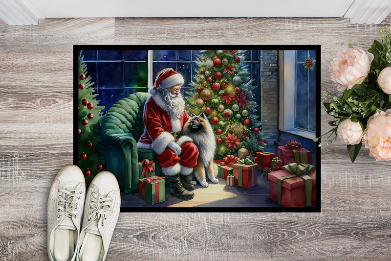 Christmas Doormat with Keeshond Dog & Santa Claus – Holiday Door Mat for Indoor or Outdoor Use