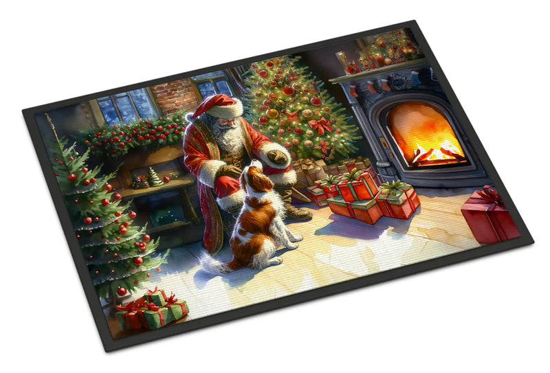 Christmas Doormat with Brittany Dog, Santa Claus, Christmas Tree & Fireplace – Holiday Door Mat for Indoor or Outdoor Use