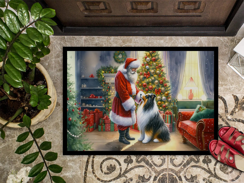 Christmas Doormat with Collie Dog, Santa Claus & Christmas Tree Inside House – Holiday Door Mat for Indoor or Outdoor Use