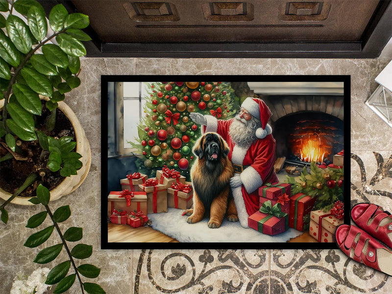 Christmas Doormat with Leonberger Dog & Santa Claus – Holiday Door Mat for Indoor or Outdoor Use