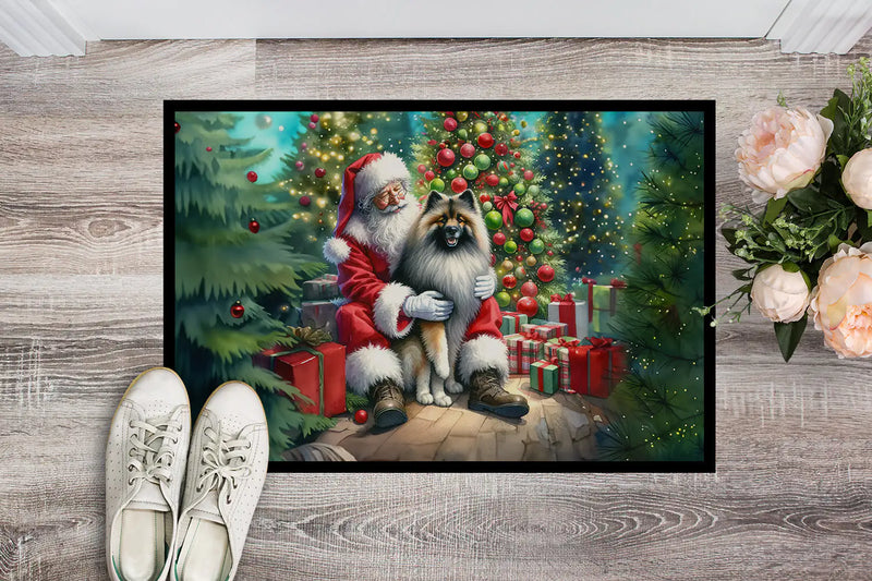 Christmas Doormat with Keeshond Dog & Santa Claus – Holiday Door Mat for Indoor or Outdoor Use