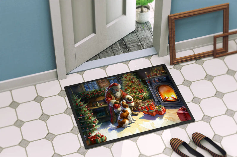 Christmas Doormat with Brittany Dog, Santa Claus, Christmas Tree & Fireplace – Holiday Door Mat for Indoor or Outdoor Use