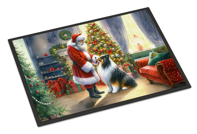 Christmas Doormat with Collie Dog, Santa Claus & Christmas Tree Inside House – Holiday Door Mat for Indoor or Outdoor Use