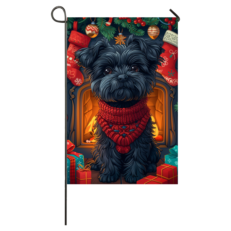 Affenpinscher Dog Christmas Garden Flag & House Flag | Kawaii Holiday Art | Cute Affenpinscher in Cozy Sweater by Fireplace