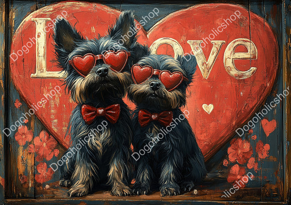 Whimsical Vintage Cartoon Affenpinscher Couple Stock Image – Retro "Love" Scene with Heart Backdrop