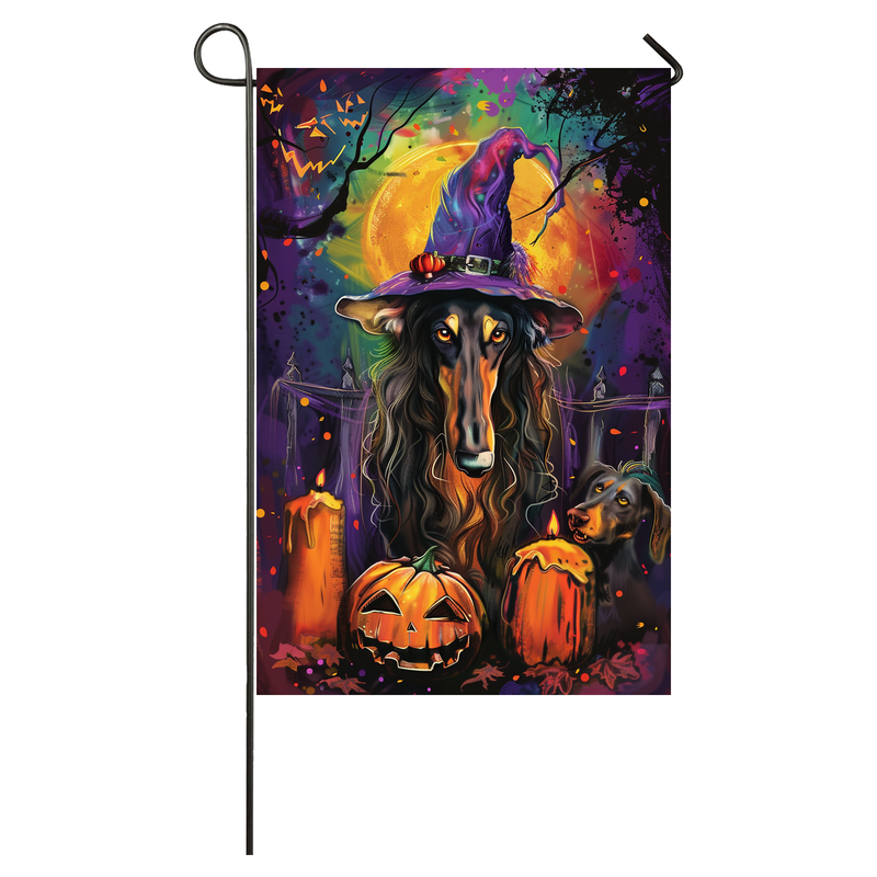 Afghan Hound Dog Halloween Garden Flag, Spooky Dog Witch Halloween House Flag