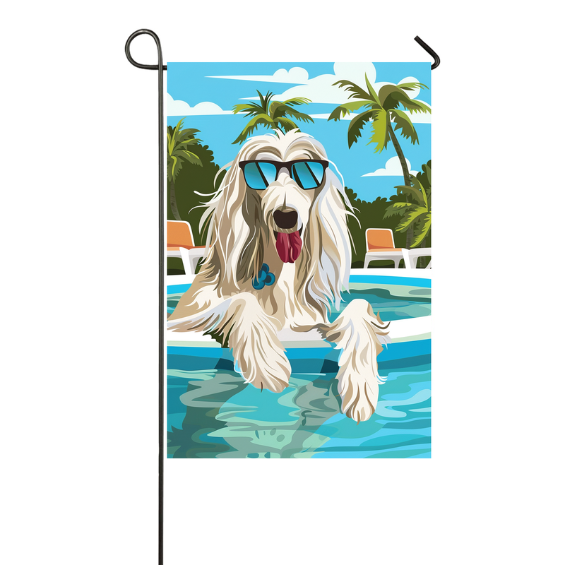 Afghan Hound with Goggles in pool Garden Flag