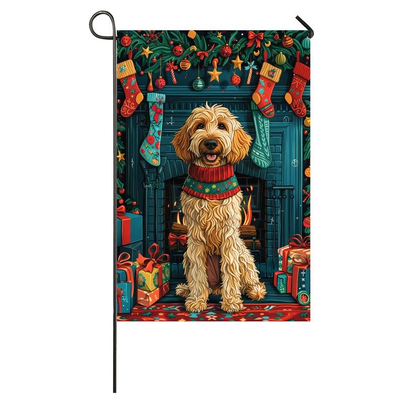 Afghan Hound Christmas Garden Flag & House Flag | Kawaii Holiday Art | Cute Afghan Hound in Cozy Sweater by Fireplace