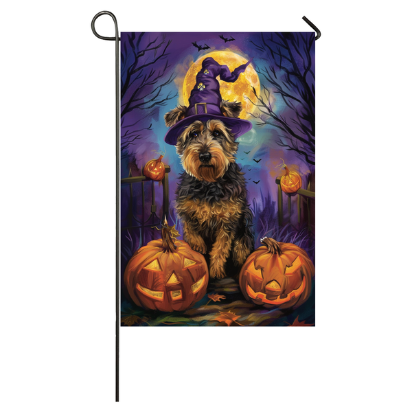 Airedale Dog Halloween Garden Flag, Spooky Dog Witch Halloween House Flag