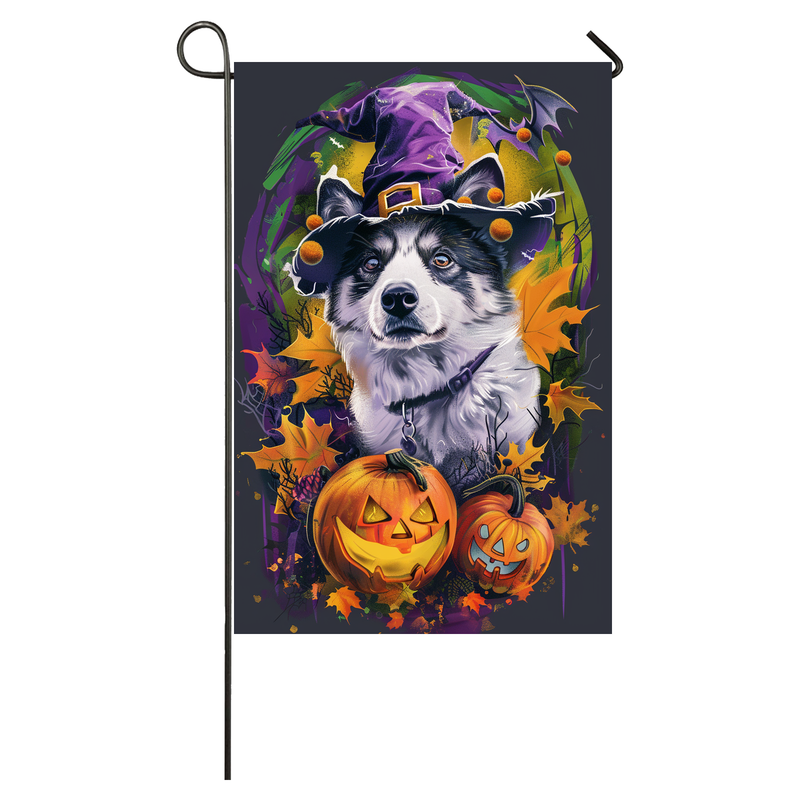 Akita Dog Halloween Garden Flag, Spooky Dog Witch Halloween House Flag