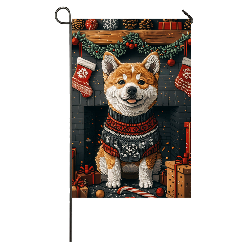 Akita Dog Christmas Garden Flag & House Flag | Kawaii Holiday Art | Cute Akita in Cozy Sweater by Fireplace