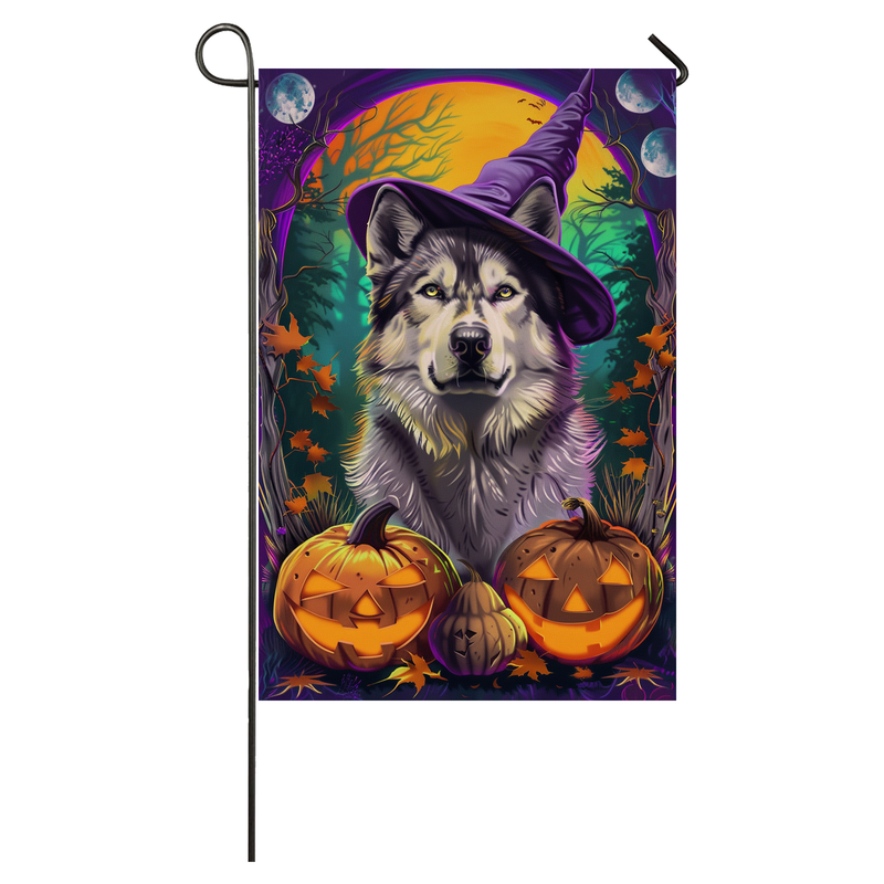 Alaskan Malamute Dog Halloween Garden Flag, Spooky Dog Witch Halloween House Flag