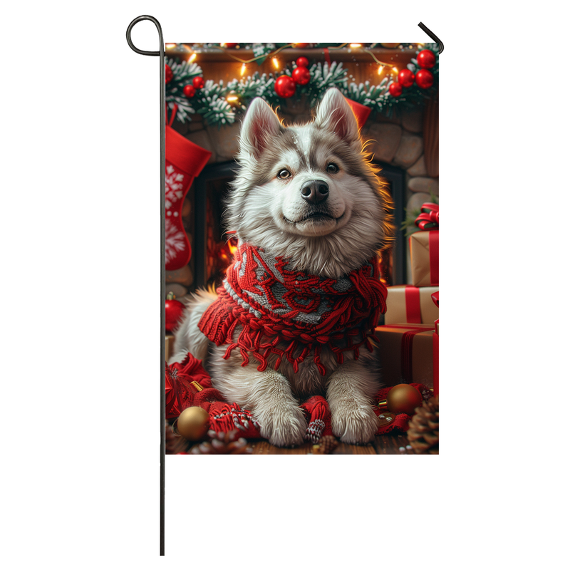 Alaskan Malamute Christmas Garden Flag & House Flag | Kawaii Holiday Art | Cute Alaskan Malamute in Cozy Sweater by Fireplace