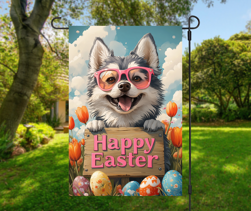 Alaskan Malamute Easter Garden Flag – Cute Spring Tulip Decor