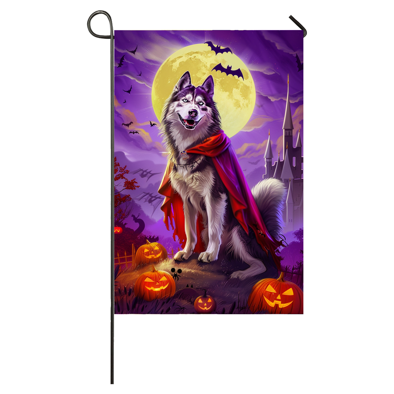 Alaskan Malamute Dog Halloween Garden Flag, Spooky Dog Witch Halloween House Flag