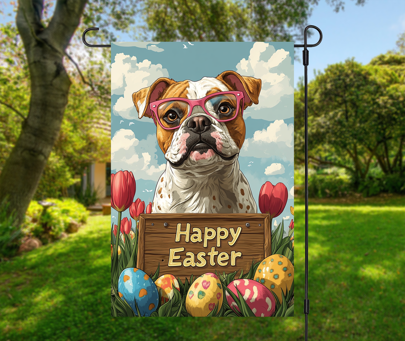 American Bulldog Easter Garden Flag – Cute Spring Tulip Decor