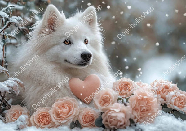 Romantic Winter American Eskimo Dog Stock Image – Soft Pastel Valentine’s Day Scene with Bouquet and Snowflakes