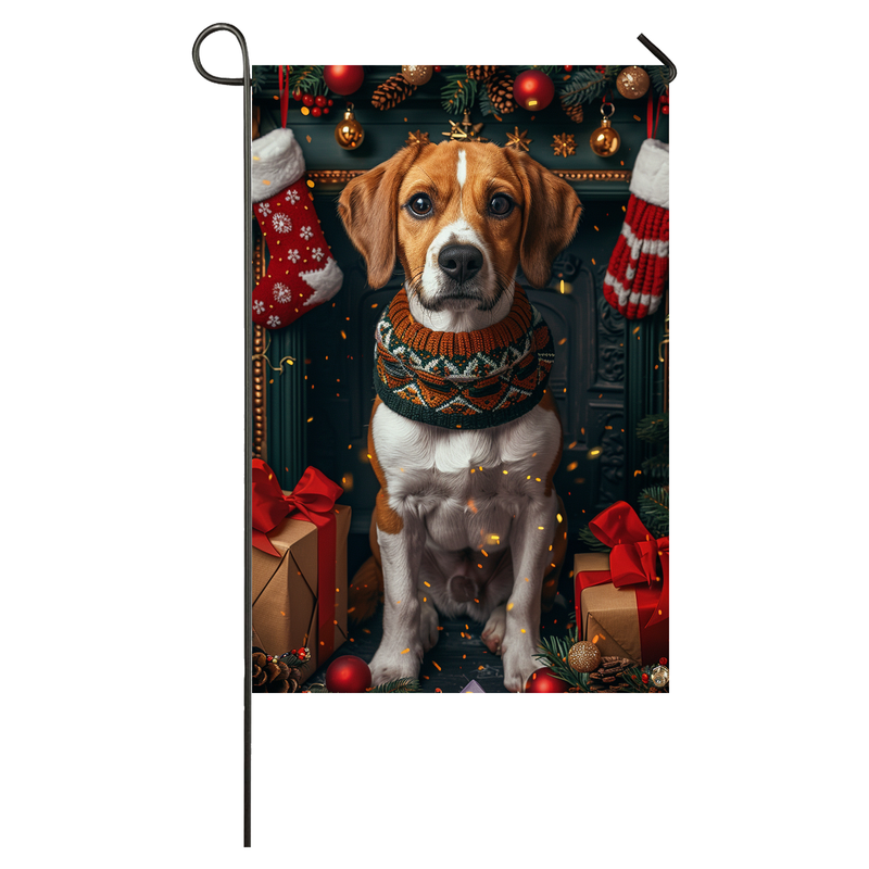 American English Foxhound Christmas Garden Flag & House Flag | Kawaii Holiday Art | Cute American English Foxhound in Cozy Sweater by Fireplace