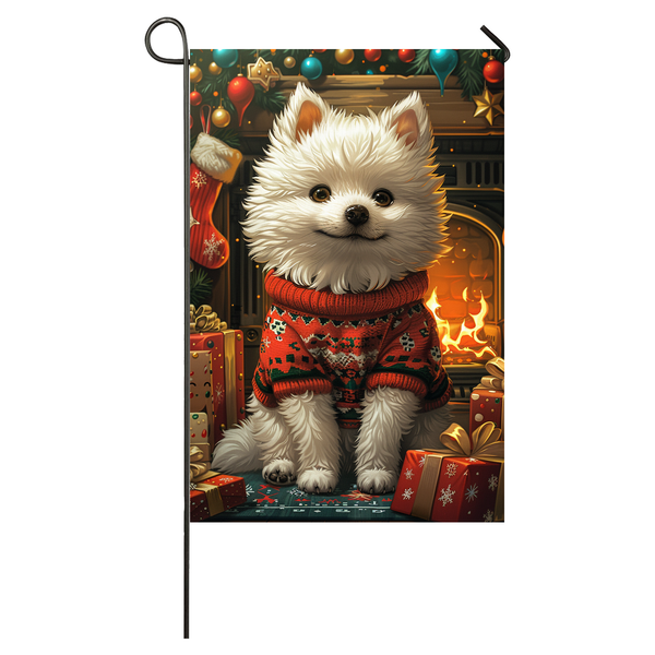 American Eskimo Dog Christmas Garden Flag & House Flag | Kawaii Holiday Art | Cute American Eskimo in Cozy Sweater by Fireplace