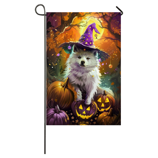 American Eskimo Dog Halloween Garden Flag, Spooky Dog Witch Halloween House Flag