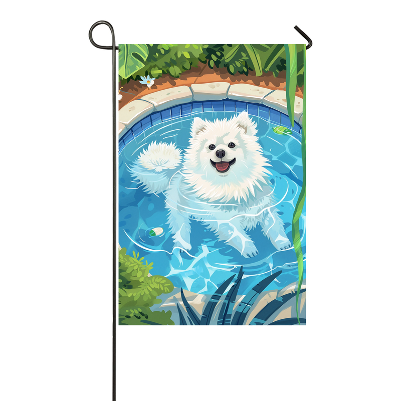 American Eskimo Dog Swimming Pool Garden Flag - Colorful Summer Outdoor Decor for Dog Lovers