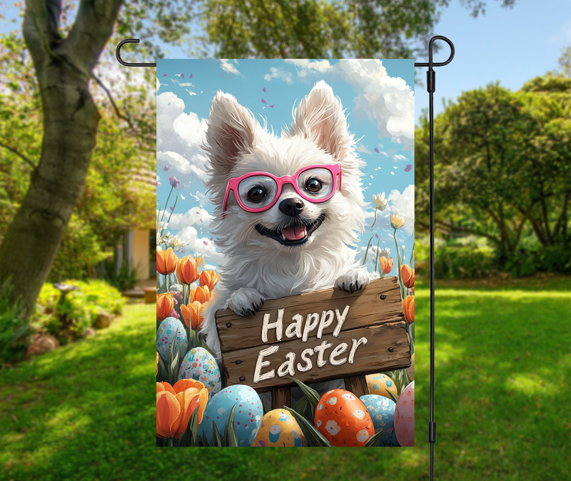 American Eskimo Easter Garden Flag – Cute Spring Tulip Decor