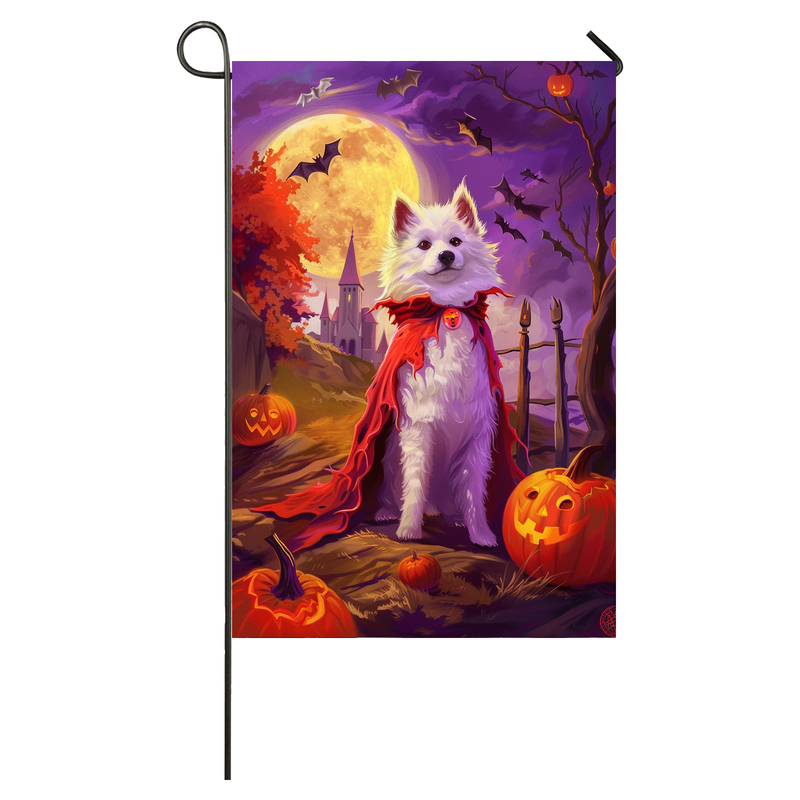 American Eskimo Dog Halloween Garden Flag, Spooky Dog Witch Halloween House Flag