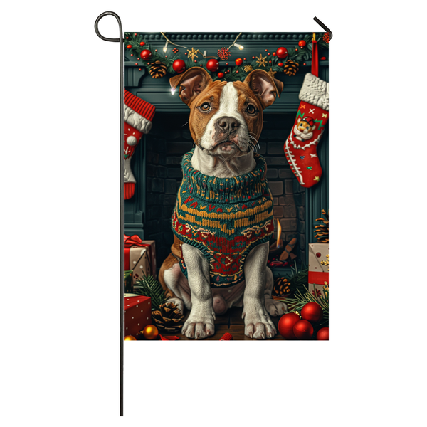 American Staffordshire Dog Christmas Garden Flag & House Flag | Kawaii Holiday Art | Cute American Staffordshire in Cozy Sweater by Fireplace