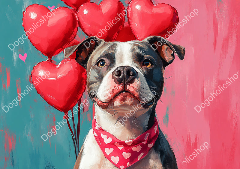 Bold Pop-Art American Staffordshire Terrier Stock Image – Valentine’s Day Dog with Heart Balloons