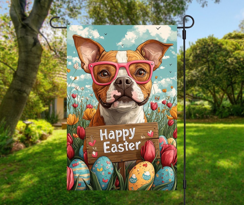 American Staffordshire Easter Garden Flag – Cute Spring Tulip Decor