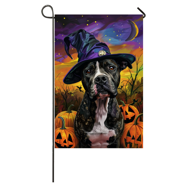 American Staffordshire Dog Halloween Garden Flag, Spooky Dog Witch Halloween House Flag