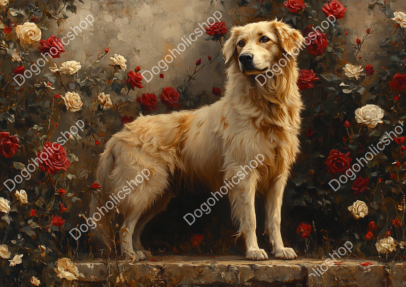 Realistic Anatolian Shepherd Stock Image – Noble Dog in Rose-Covered Garden with Stone Wall