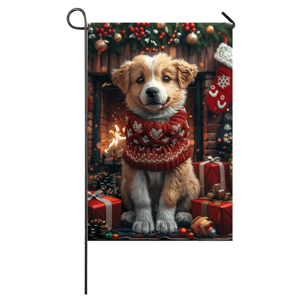 Anatolian Shepherd Dog Christmas Garden Flag & House Flag | Kawaii Holiday Art | Cute Anatolian Shepherd in Cozy Sweater by Fireplace