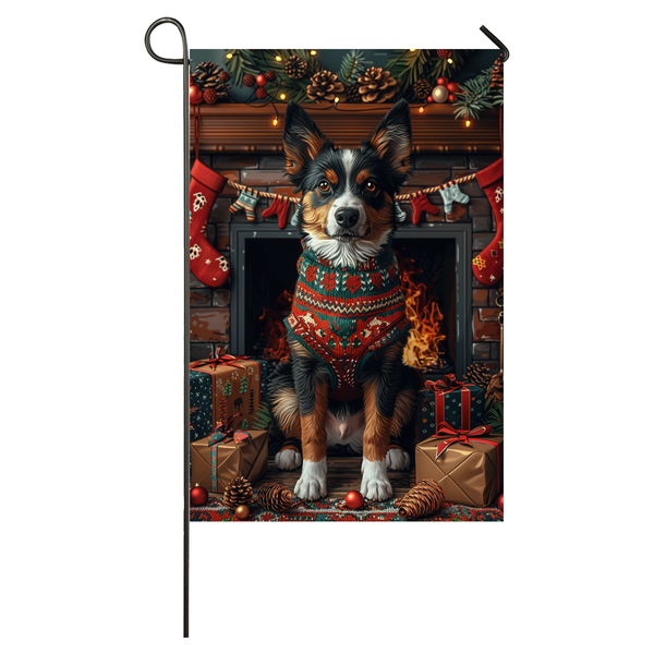 Australian Kelpie Dog Christmas Garden Flag & House Flag | Kawaii Holiday Art | Cute Australian Kelpie in Cozy Sweater by Fireplace