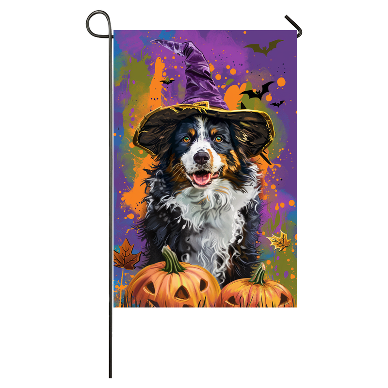 Australian Shepherd Dog Halloween Garden Flag, Spooky Dog Witch Halloween House Flag