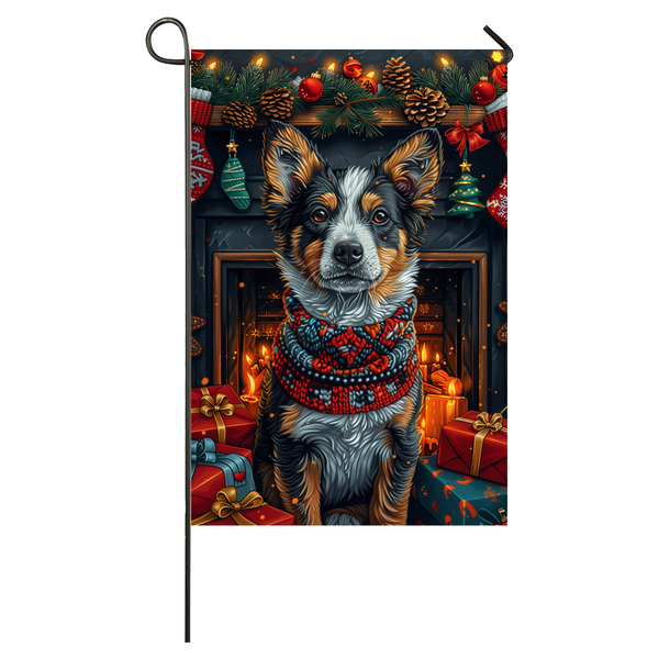 Australian Cattle Dog Christmas Garden Flag & House Flag | Kawaii Holiday Art | Cute Australian Cattle in Cozy Sweater by Fireplace